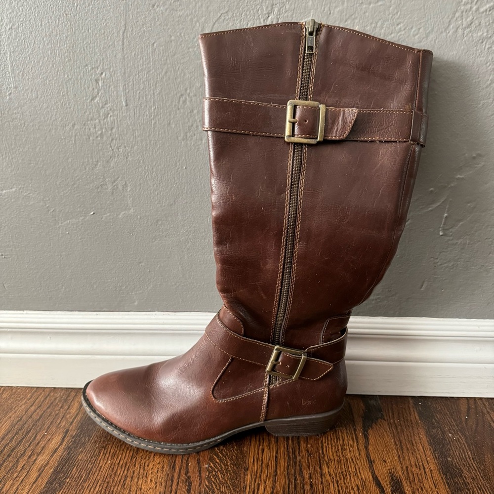 Brown Knee-High Flat Moto Boots